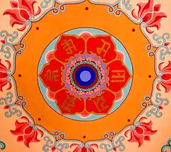 Mantra in Rañjanā script, on the ceiling of a Buddhist temple in Tianjin, China.