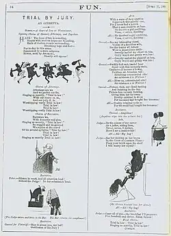 A page from a magazine with a short libretto in two columns, illustrated by quaint cartoons, which include a frieze of dancing lawyers and bailiffs.