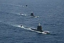 A trio of Kalvari-class submarines during an exercise