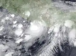 A photograph of a tropical storm close to landfall on the Pacific coast of Mexico