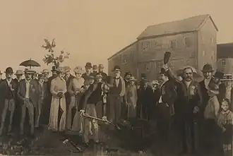 Turning the first sod at Sault Ste-Marie. July 30, 1890, on the first publicly owned power canal constructed in Canada, for the general distribution of power for industrial purposes
