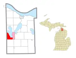 Location within Cheboygan County (red) and the administered CDP of Indian River (pink)