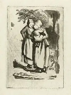 Two standing peasant women, one with a child on her arm