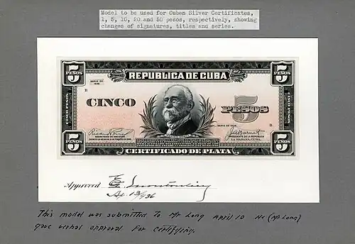 Gómez depicted on the artist/progress proof designed by the Bureau of Engraving and Printing for Cuban silver certificates (1936).