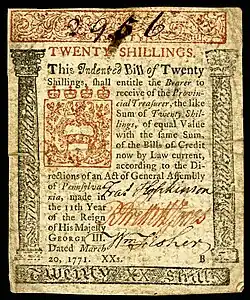 Pennsylvania colonial currency, 20 shilling, 1771 (obverse)