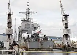 Vicksburg being maneuvered during a docking evolution at BAE Systems Shipyard in Norfolk, March 2020.