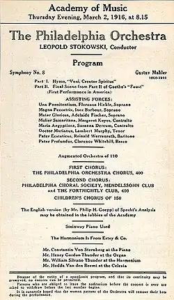 A notice headed "Academy of Music, Thursday Evening, March 1916 at 8.15." It gives details of the programme for the first American performance of Mahler's Eighth Symphony, by the Philadelphia Orchestra under Leopold Stokowski, and lists the solo performers and choirs.