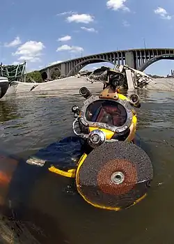 Surface supplied light head and closed circuit video camera on Kirby-Morgan 17 helmet.