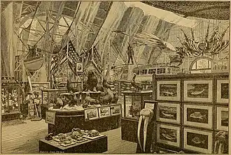 #42 (24/9/1877), Another illustration of the American court at the International Fisheries Exhibition of 1883, with a giant squid model based on the Catalina specimen hanging overhead, from the fourth of a series of papers about the exhibition published in Science by American ichthyologist George Brown Goode (Goode, 1883:614, fig.).