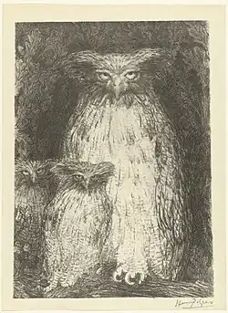 Owl with Two Chicks Sitting on Branch (1893), lithograph, 34.5 x 25&nbsp;cm.