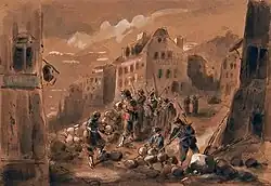Brown ink drawing by Alexandre Dupendant showing in the foreground a group of ten women, one of whom is seated, holding a barricade in the Rochefouart district. They are armed and standing behind a high barricade. Six are standing behind the barricade and looking down, one is holding a large bag or stone and is about to throw it or put it in place. Buildings can be seen in the background. The drawing is kept in the Musée d'Art et d'Histoire de Saint-Denis