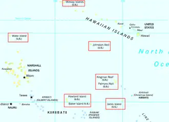 Locations of the United States Minor Outlying Islands in the Pacific Ocean; Navassa Island is not located on this map.