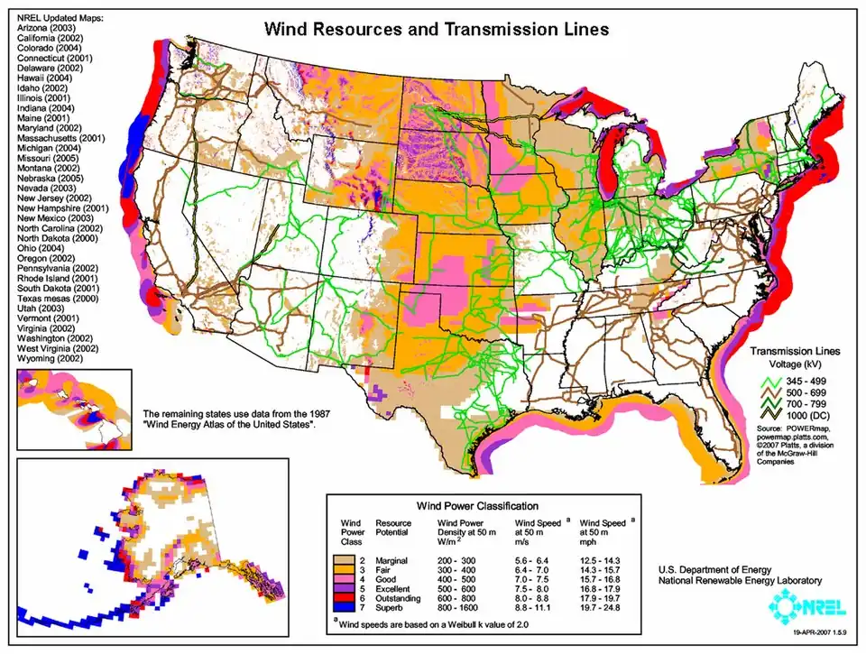 Image 26Map of available wind power over the United States. Colour codes indicate wind power density class. (from Wind farm)
