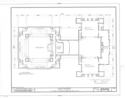 Floor plan of the auditorium's lower seating level and Unity House's upper level
