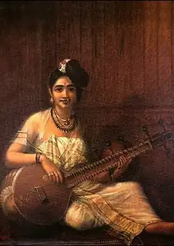 Malayali lady wearing Mundum neriyatum. Painted by Raja Ravi Varma, c. 1900.