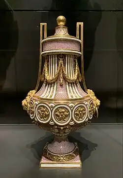 Louis XVI style&nbsp;– Vase (vase grec Duplessis rectifié), design attributed to Jean-Claude Chambellan Duplessis, painted decoration by Vincent Taillandier&nbsp;[fr], gilding by Jean Pierre Boulanger, by the Sèvres porcelain factory, 1780, painted and gilded hard-paste porcelain, gilt bronze, Rijksmuseum Amsterdam, the Netherlands