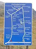 Road sign showing locations along the Vatnsdalsvegur, which loops south of Route 1