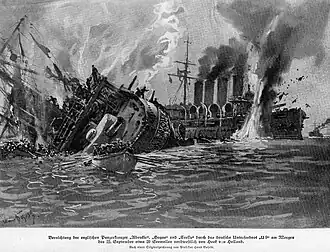 Illustration by Hans Bohrdt depicting the sinking of HMS&nbsp;Cressy, HMS&nbsp;Hogue and HMS&nbsp;Aboukir by U-9 on 22 September 1914 off the Dutch coast.
