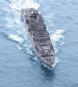 A overhead view of Visakhapatnam, with its weaponry and sensors clearly visible.