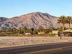 A view of Martinez Mountain and Toro Peak of the Santa Rosa Mountains and Date palm orchards in Vista Santa Rosa, California