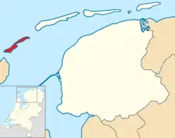Highlighted position of Vlieland in a municipal map of Friesland