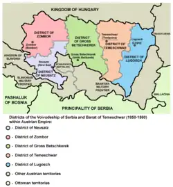 Districts of the Voivodeship of Serbia and Temes Banat (1850-1860).