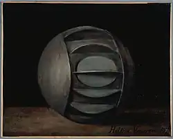 Color photograph of a painting depicting a finned sphere.