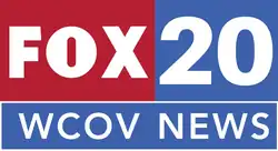 In blue, from top left: the Fox network logo in white on a red square, with unusually wide kerning, and a numeral 20 in white on a blue square. Beneath in white on a blue box trimmed in white is the text "WCOV NEWS" in a sans serif.