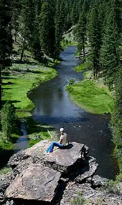 woman sitting on a large boulder overlooking a lush, forested, winding river