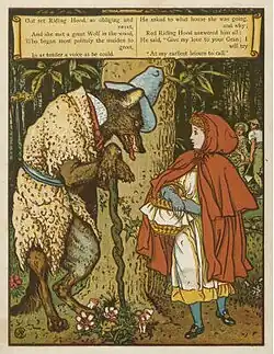 "Little Red Riding Hood Meets the Wolf in the Woods"