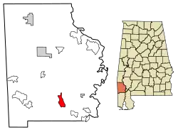 Location of Sims Chapel in Washington County, Alabama.
