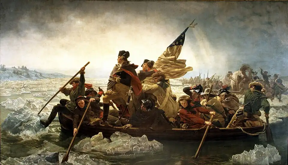 painting of Washington standing on a boat being rowed across icy water