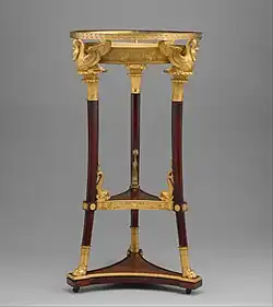 Washstand (athénienne or lavabo); 1800–1814; legs, base and shelf of yew wood, gilt-bronze mounts, iron plate beneath shelf; height: 92.4&nbsp;cm, width: 49.5&nbsp;cm; Metropolitan Museum of Art