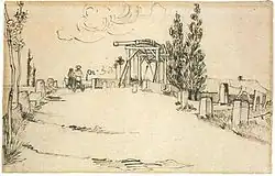 Langlois Bridge, Arles, pen and ink, 35.5 × 47&nbsp;cm. May 1888, Staatsgalerie Stuttgart (F1470)