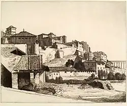 etching of houses, with viaduct in background on the right
