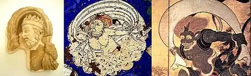 Iconographical evolution of the Wind God Left: Greek wind god from Hadda, Afghanistan 2nd century. Middle: wind god from Kizil Caves, 7th century Right: Japanese wind god Fūjin, 17th century.
