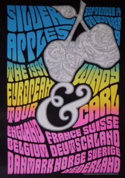 Poster for the 1997 Silver Apples/Windy & Carl European tour created by Peg Udall and copyright Whirlybird Records.