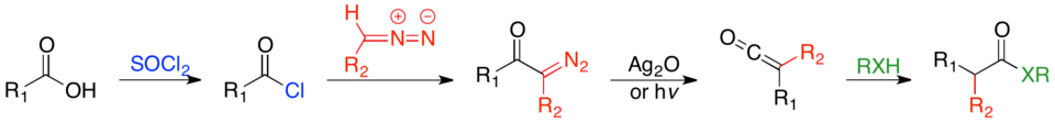 General homologation reaction, Arndt-Eistert has R2 = H, RXH=H2O