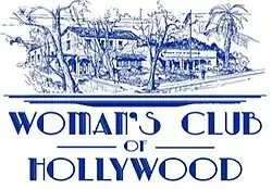 Detailed etching of the Spanish Colonial Revival clubhouse with multiple trees in front, all in blue. Reads "Woman's Club of Hollywood" across the bottom