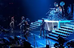 X Japan performing at Madison Square Garden in 2014. From left-to-right, Pata, Heath, Sugizo, Toshi, Yoshiki.
