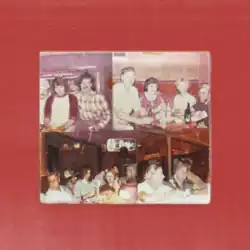 Several old photographs of people in bars centered against a red background.