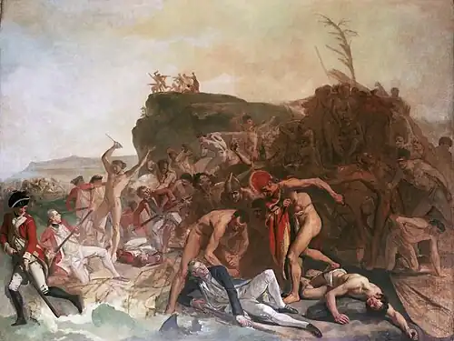 A beach with a dozen Maori warriors fighting against Cook and several of his marines