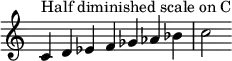 {
\override Score.TimeSignature #'stencil = ##f
\relative c' {
\clef treble \time 7/4
c4^\markup { Half diminished scale on C } d es f ges aes bes c2
} }