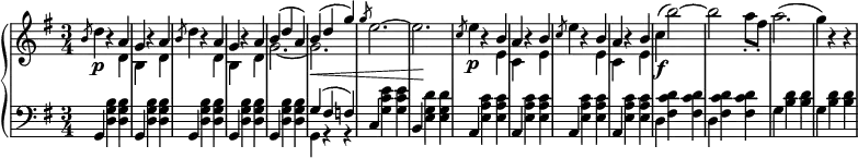 
 \relative c' {
  \new PianoStaff <<
   \new Staff { \key e \minor \time 3/4
    <<
   {
    s16 \slashedGrace b'8 s4 b4\rest a g b4\rest a \slashedGrace b8 s4 b4\rest a g b4\rest a b( d a) b( d g) \slashedGrace g8 s2. s \slashedGrace c,8 s4 b4\rest b a b4\rest b \slashedGrace c8 s4 b4\rest b a b4\rest b
   }
    \\
   {
    s16 d4\p s4 d, b s d d'4 s4 d, b s d g2.~ g\< e'2.^~ e\! e4\p s4 e, c s e e'4 s4 e, c s e c'\f^( b'2^~) b a8-. fis-. a2.^( g4) b,4\rest b4\rest
   }
    >>
   }
   \new Dynamics {
    
   }
   \new Staff { \key e \minor \time 3/4 \clef bass
    <<
      { s16 g,,4 s s g s s g s s g s s g s s g'( fis f) c s s b s s a s s a s s a s s a }
    \\
      { s16 s4 <d g b> <d g b> s <d g b> <d g b> s <d g b> <d g b> s <d g b> <d g b> s <d g b> <d g b> g, r r s <g' c e> <g c e> s <e g d'> <e g d'> s <e a c> <e a c> s <e a c> <e a c> s <e a c> <e a c> s <e a c> <e a c> d <fis c' d> <fis c' d> d <fis c' d> <fis c' d> g <b d> <b d> g <b d> <b d> }
    >>
      }
  >>
 }
