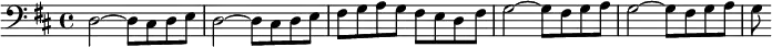 
{
 \time 4/4 
\set Score.tempoHideNote = ##t
\tempo 4 = 160
\clef "bass"
\key d \major 
d2~ d8 cis d e | d2~ d8 cis d e | fis g a g fis e d fis | g2~ g8 fis g a | g2~ g8 fis g a | g
}
