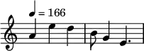 
\new Staff \with { \remove "Time_signature_engraver" }
\relative b'{ \time 3/4 \tempo 4 = 166 
a e' d b8 g4 e4.}
