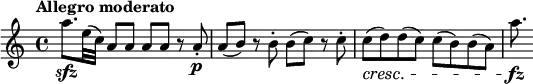 
\relative c''' {
  \key a \minor
  \tempo "Allegro moderato"
  a8.\sfz e32 (c) \repeat unfold 4 {a8} r8 a-.\p a (b) r b-. b (c) r c-. c\cresc (d) d (c) c (b) b (a) a'8.\fz
}
