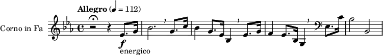 
\transpose c f,
{
  \relative c'' {
    \key bes \major {
    \set Staff.midiInstrument = "french horn"
    \set Staff.instrumentName = #"Corno in Fa"
    \tempo  "Allegro" 4 = 112
      {
        r2 \fermata r4  bes8. \f _"energico" d16 |
        f2. \breathe d8. g16 |
        f4 d8. bes16 f4 \breathe bes8. d16 |
        c4 bes8. f16 d4 \breathe \clef bass bes8. g'16 |
        f2 f,2
      }
    }
  }
}
\layout { indent = 2.5\cm }
