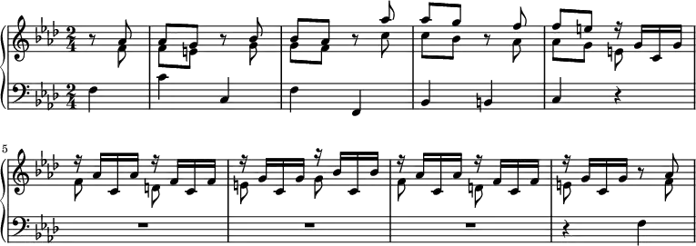 
\new PianoStaff <<
 \new Staff <<
  \new Voice \relative c'' {
   \set Score.tempoHideNote = ##t
   \tempo 4 = 80
   \key f \minor \voiceOne
   b8\rest as |
   as8 g b\rest bes |
   bes8 as b\rest as' |
   as8 g b,\rest f' |
   f8 e r16 g, c, g' |
   r16 as c, as' r f c f |
   r16 g c, g' r bes c, bes' |
   r16 as c, as' r f c f |
   r16 g c, g' b8\rest as |
  }
  \new Voice \relative c' {
   \voiceTwo
   s8 f |
   f8 e s g |
   g8 f s c' |
   c8 bes s as |
   as8 g e s |
   f8 s d s |
   e8 s g s |
   f8 s d s |
   e8 s4 f8 |
  }
 >>
 \new Staff \relative c {
  \key f \minor \time 2/4 \clef bass
  \partial 4 f4 |
  c'4 c, |
  f4 f, |
  bes4 b |
  c4 r |
  R1*2/4*3 |
  r4 f |
 }
>>
