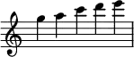 \relative c''' {
\time 5/4
\omit Score.TimeSignature
g a c d e
}